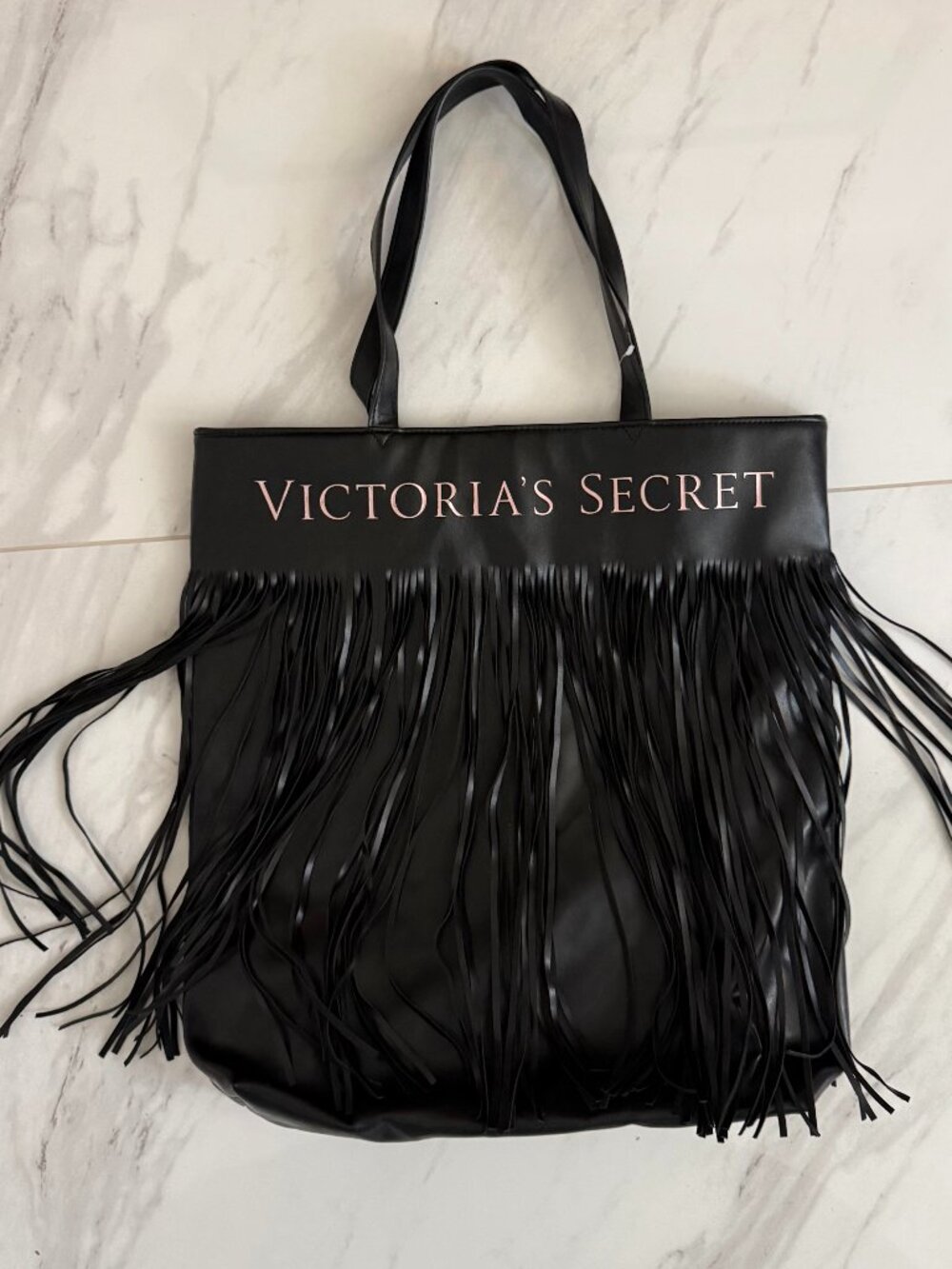Victoria’s Secret Black Faux Leather Fringe Large Shopper Tote Bag